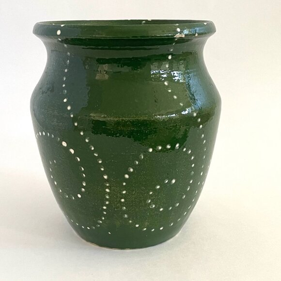 Green Ceramic Pot Decorated Abstract White Enamel Artist Signed